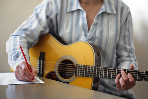 Cliff Smith Music Theory Lessons - Acoustic guitarist writing standard music notation on manuscript paper