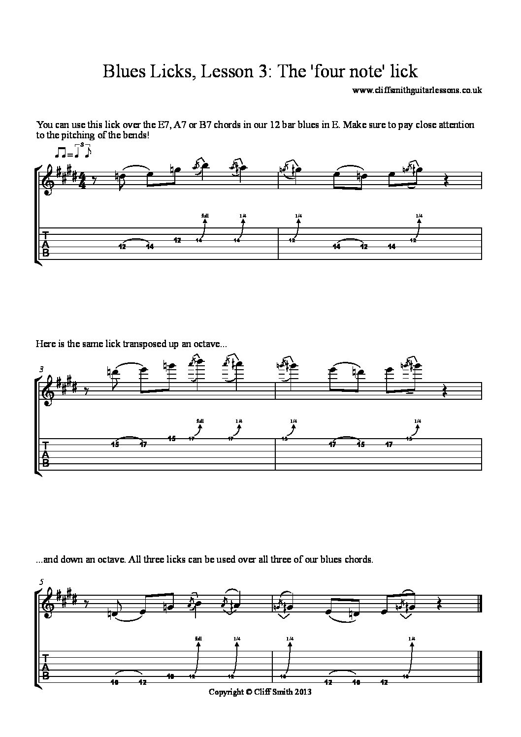 Blues Licks, Lesson 3 The four note lick Cliff Smith Guitar Lessons