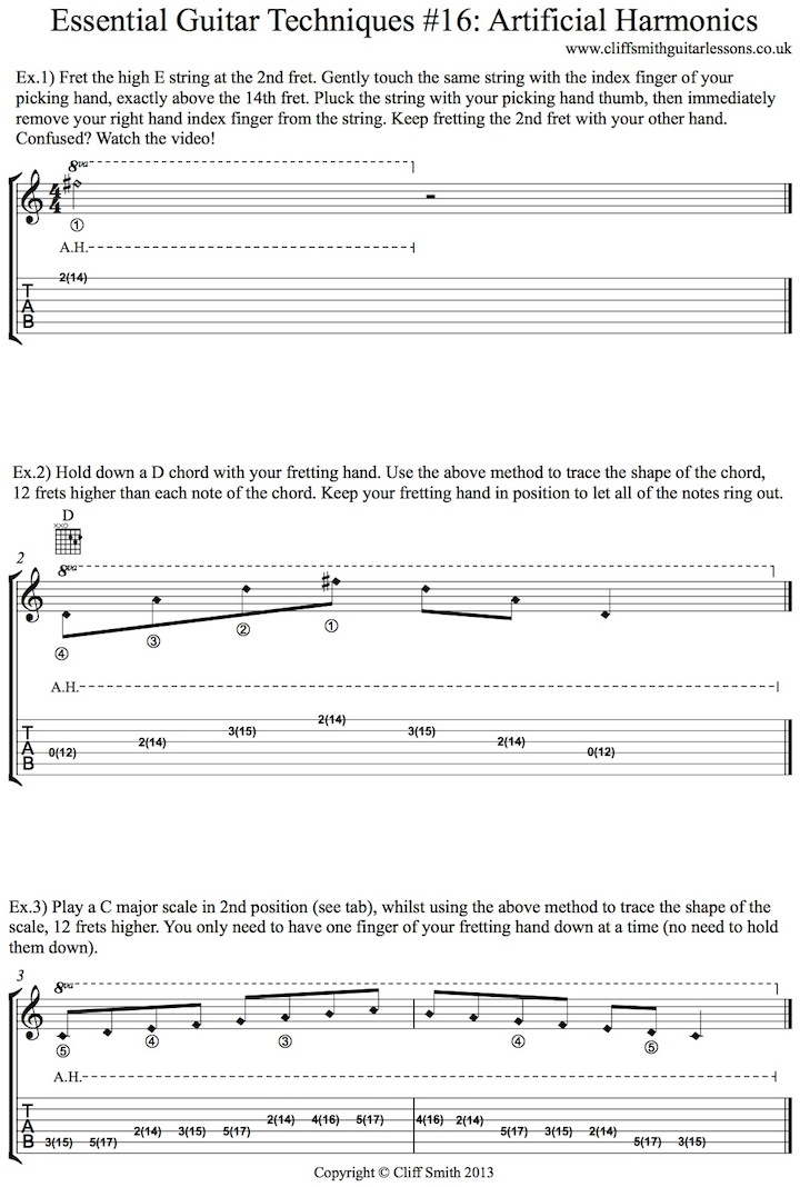 How to perform artificial harmonics on guitar lesson.