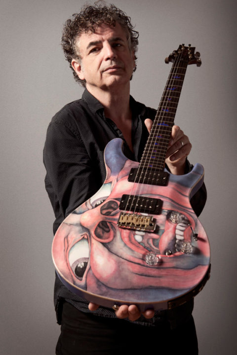 Jakko Jakszyk with his PRS. Custom graphics of King Crimson's 'In The Court Of The Crimson King' album cover make the guitar look stunning.