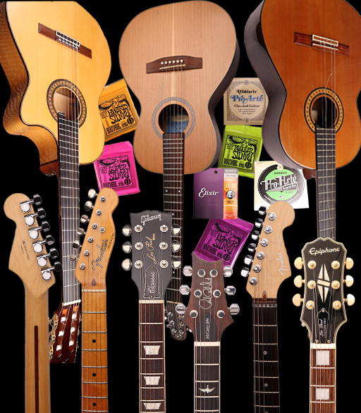acoustic guitars, electric guitars, guitar strings