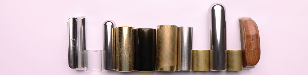 bottleneck slide, tonebar, knuckle length slide in chrome, brass, steel glass & nickel