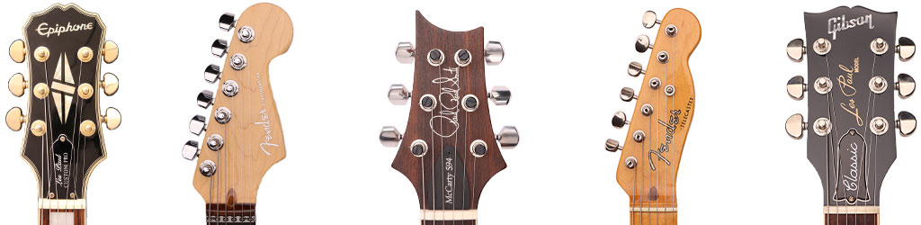 Guitar headstocks: fender stratocaster, telecaster, gibson les paul classic, epiphone les paul deluxe, PRS McCarty 594 single cut